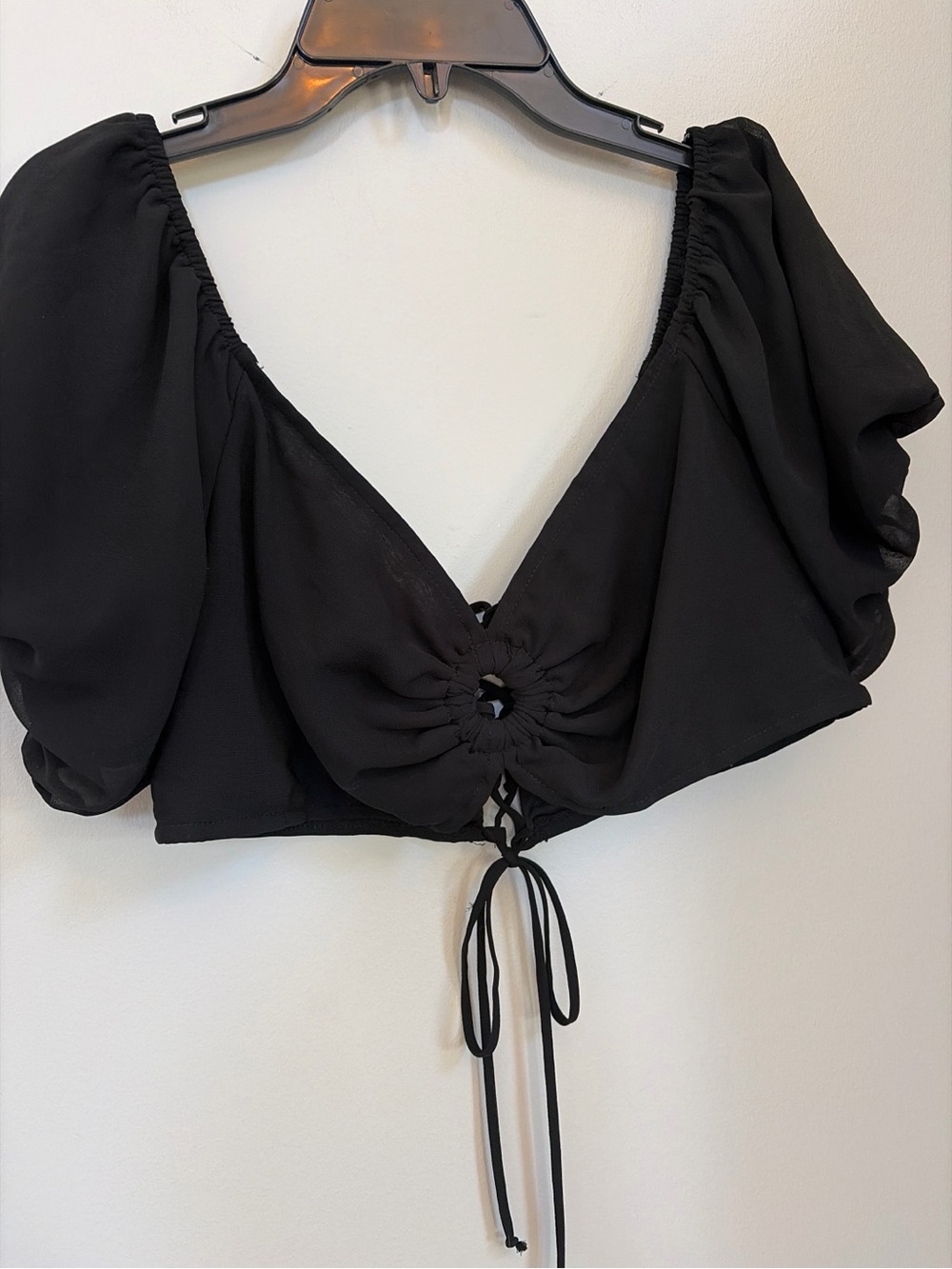wild fable Black Puff-Sleeve Tie-Front Crop Top